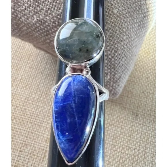 .925 Sterling Silver Labradorite & Lapis Lazuli Ring Size 7 1/2 & 1 1/2” long - Picture 1 of 5